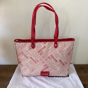 NWT Love Moschino Red & White Leather & Canvas Zipper Tote Bag with Dustbag